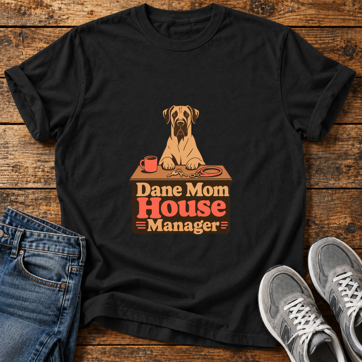 Dane Mom Manager Great Dane graphic T-shirt in Black, shown on a flat-lay shirt mockup