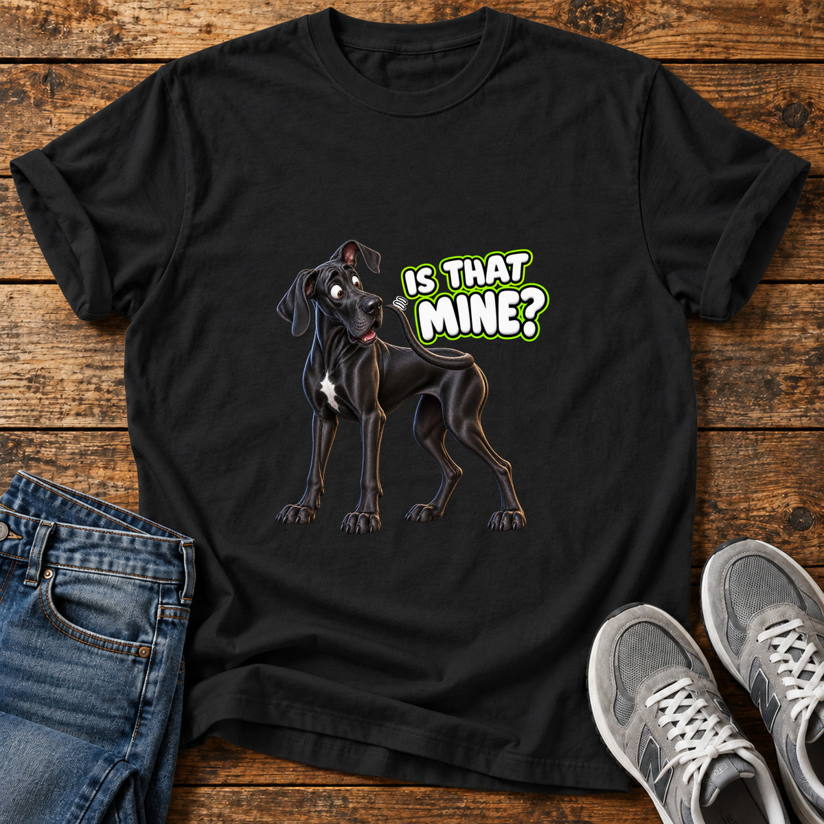 Is That Mine Great Dane graphic T-shirt in Black, shown on a flat-lay shirt mockup