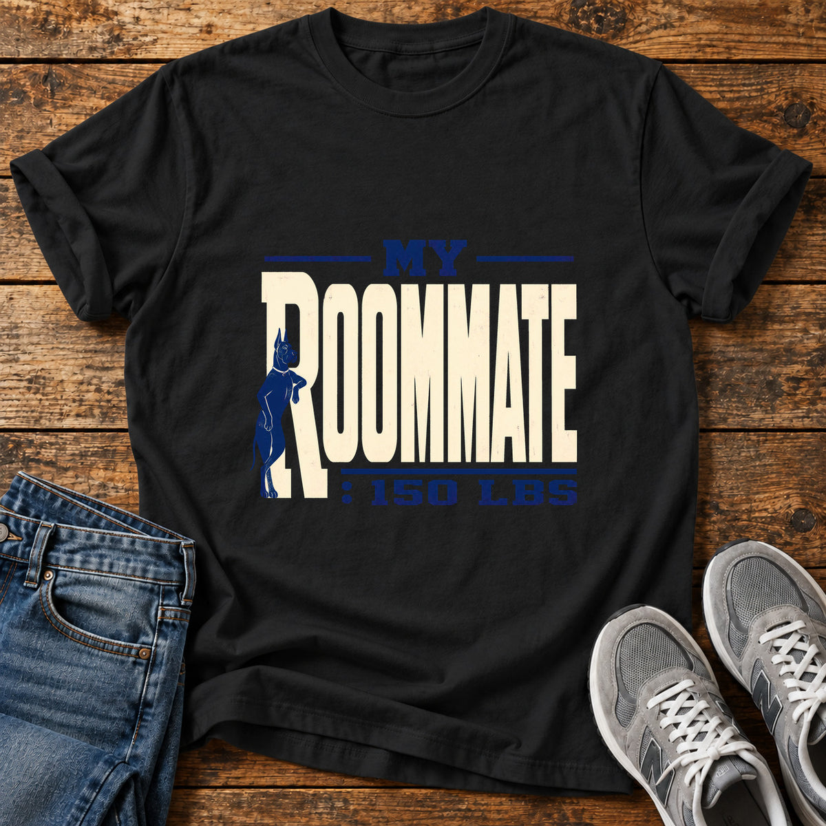 My Roommate Great Dane graphic T-shirt in Black, shown on a flat-lay shirt mockup