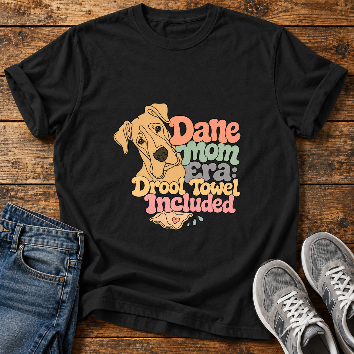 Dane Mom Era Great Dane graphic T-shirt in Black, shown on a flat-lay shirt mockup