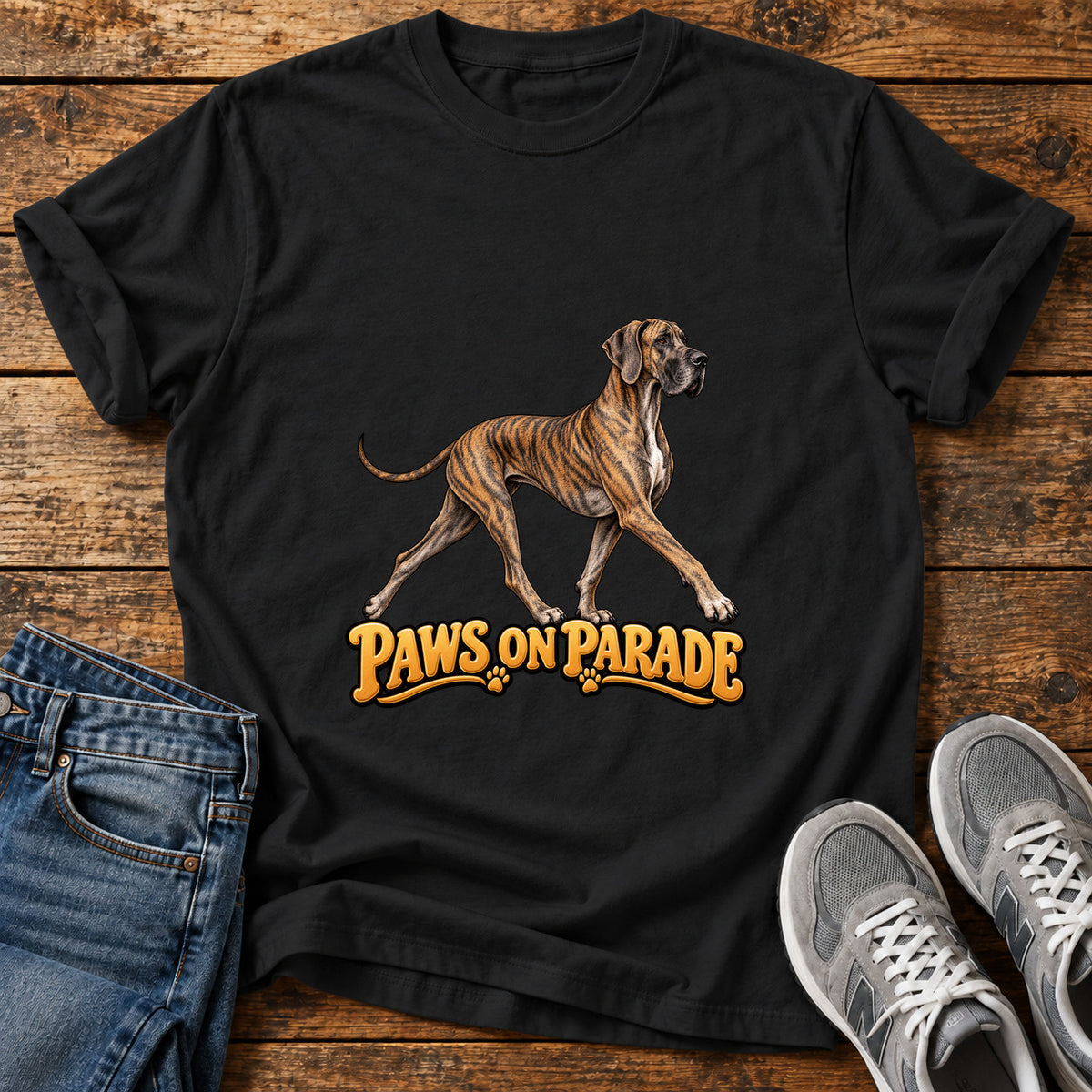 Paws On Parade Great Dane graphic T-shirt in Black, shown on a flat-lay shirt mockup