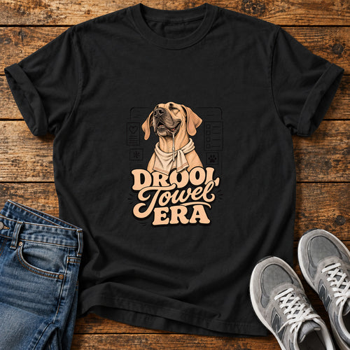 Drool Towel Era Great Dane graphic T-shirt in Black, shown on a flat-lay shirt mockup