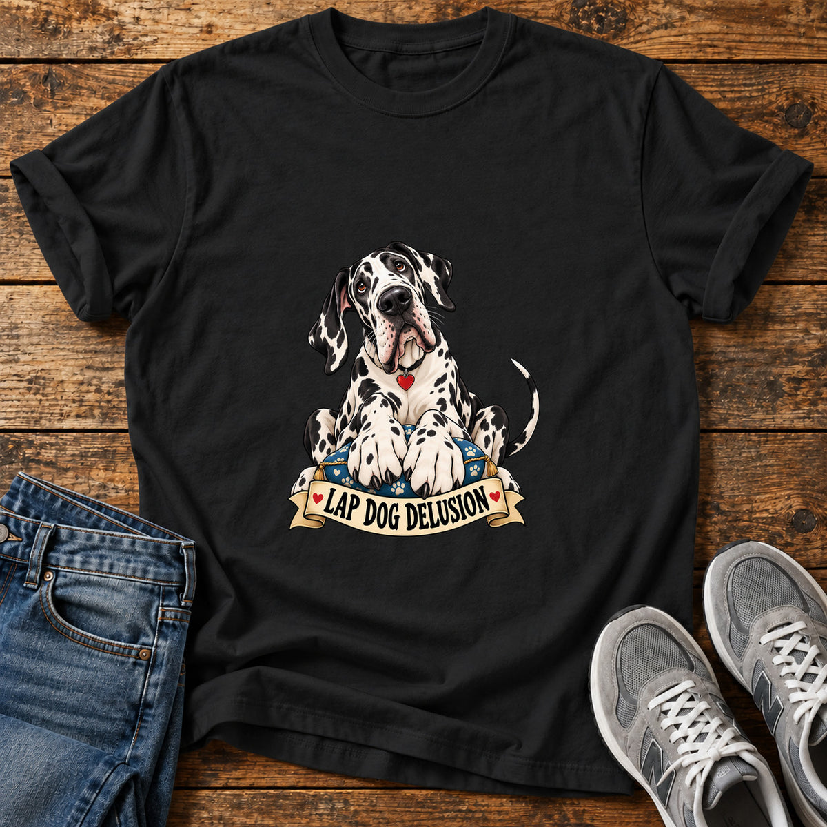 Lap Dog Delusion Great Dane graphic T-shirt in Black, shown on a flat-lay shirt mockup