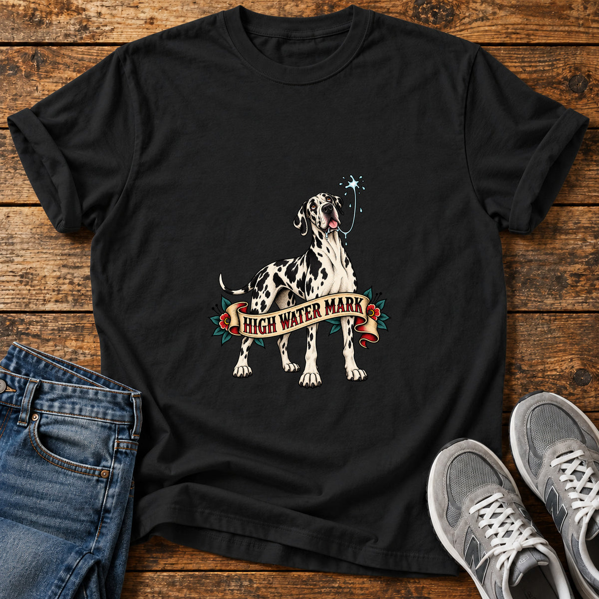 High Water Mark Great Dane graphic T-shirt in Black, shown on a flat-lay shirt mockup