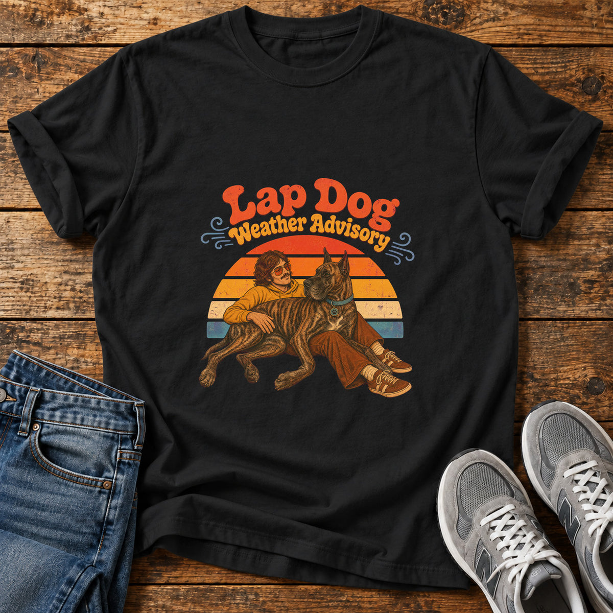 Lap Dog Advisory Great Dane graphic T-shirt in Black, shown on a flat-lay shirt mockup
