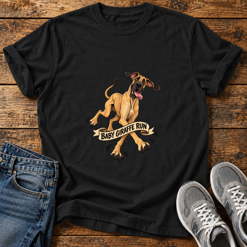 Baby Giraffe Run Great Dane graphic T-shirt in Black, shown on a flat-lay shirt mockup