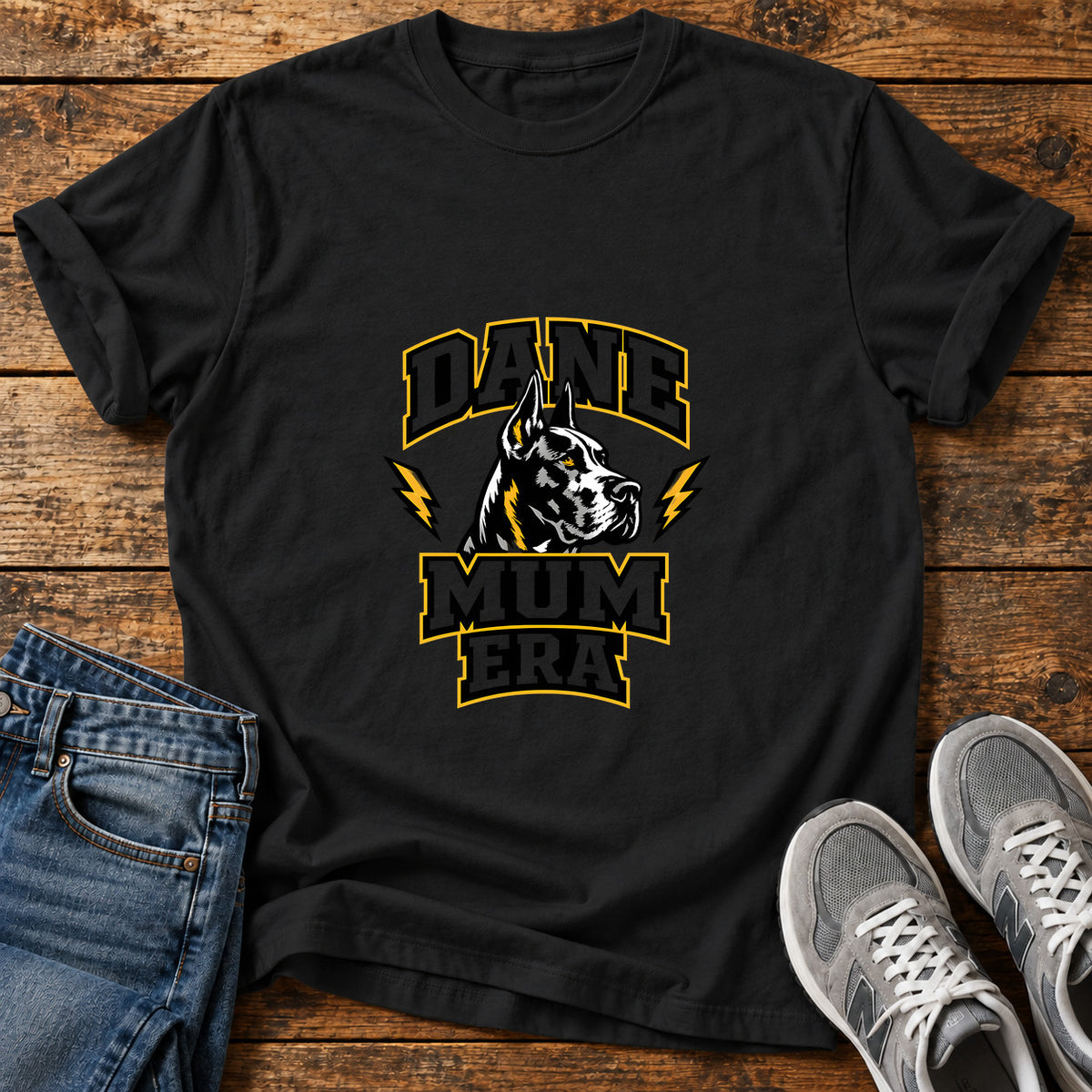 Dane Mum Era Great Dane graphic T-shirt in Black, shown on a flat-lay shirt mockup