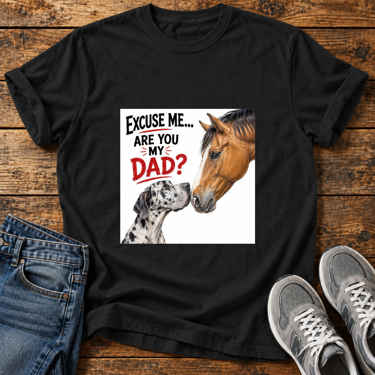Are You Dad Great Dane graphic T-shirt in Black, shown on a flat-lay shirt mockup