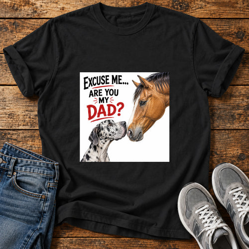 Are You Dad Great Dane graphic T-shirt in Black, shown on a flat-lay shirt mockup