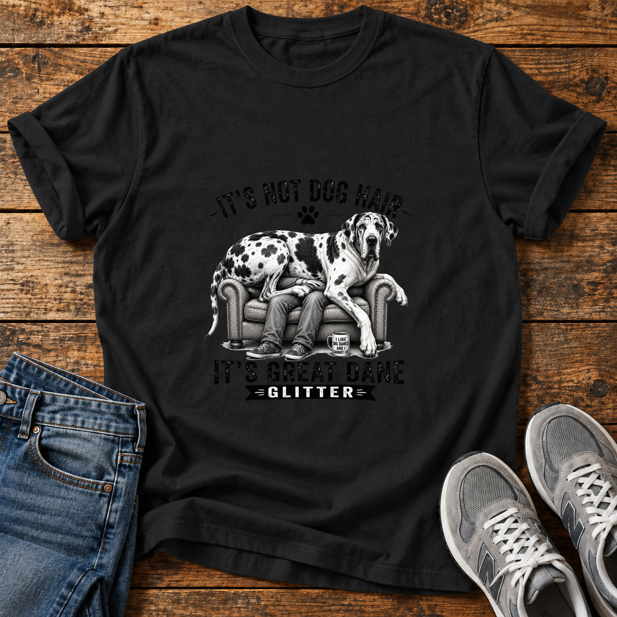 Great Dane Glitter graphic T-shirt in Black, shown on a flat-lay shirt mockup