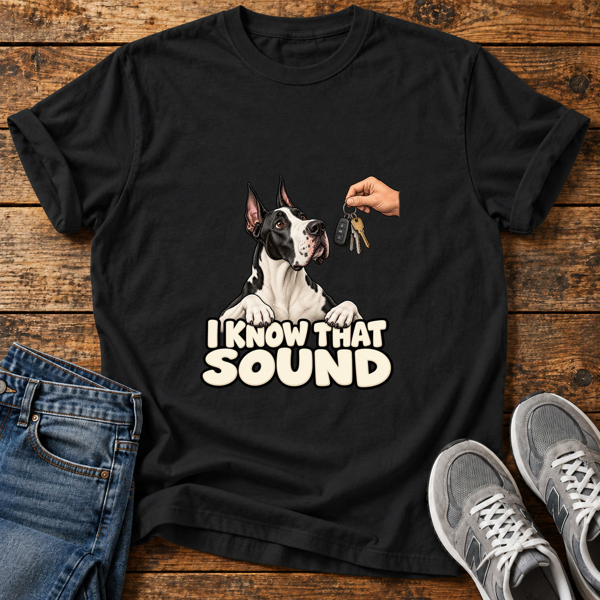 I Know Sound Great Dane graphic T-shirt in Black, shown on a flat-lay shirt mockup
