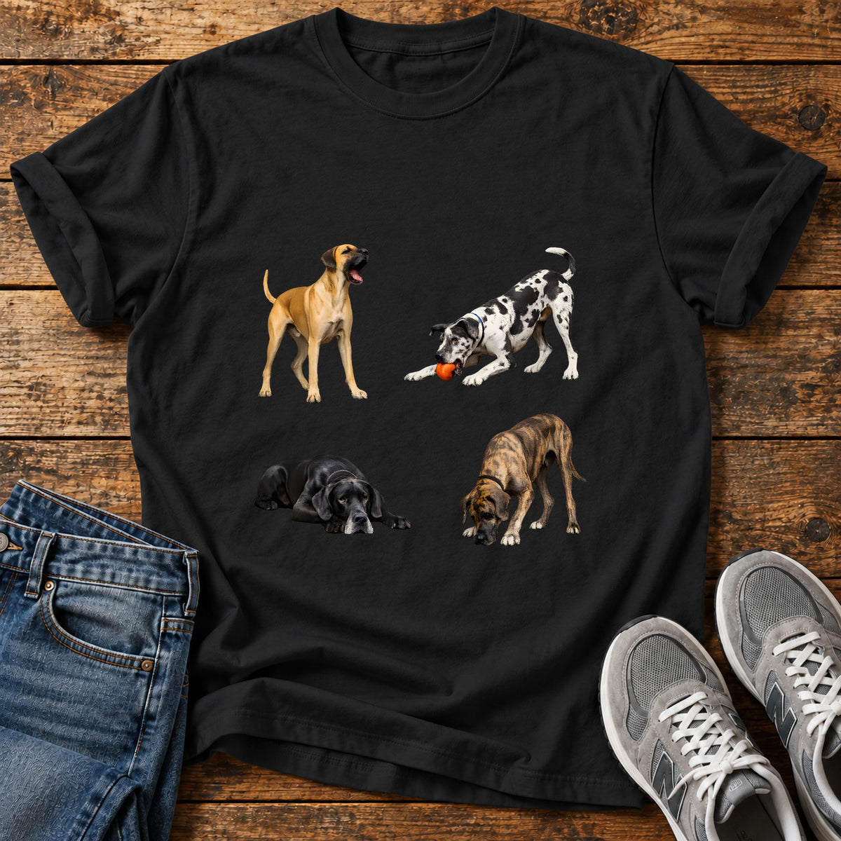 Great Dane Quartet graphic T-shirt in Black, shown on a flat-lay shirt mockup