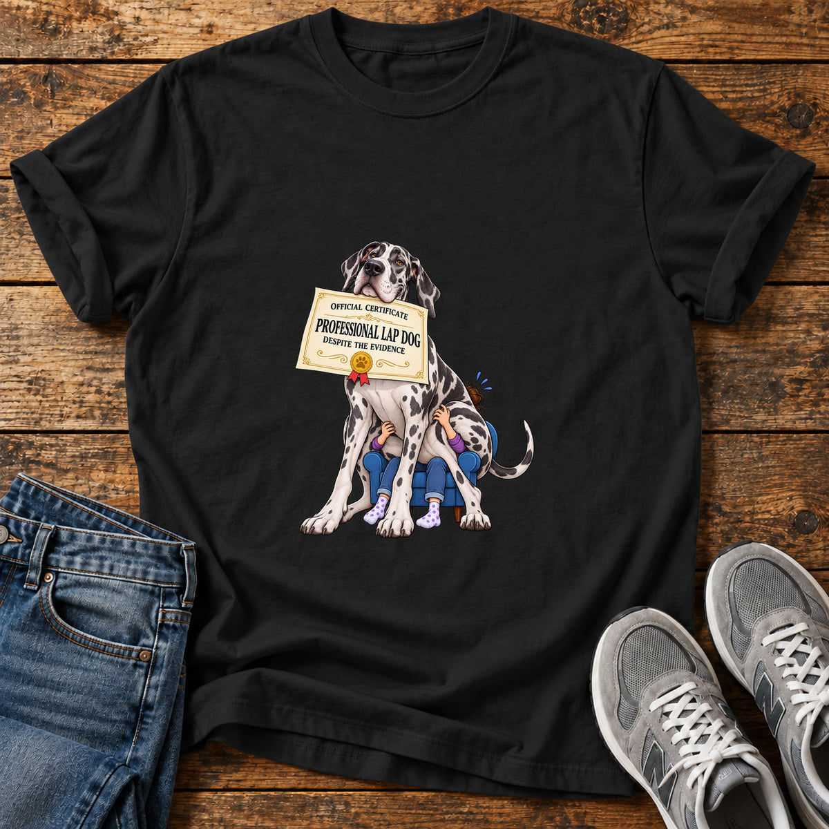 Professional Lapdog Great Dane graphic T-shirt in Black, shown on a flat-lay shirt mockup