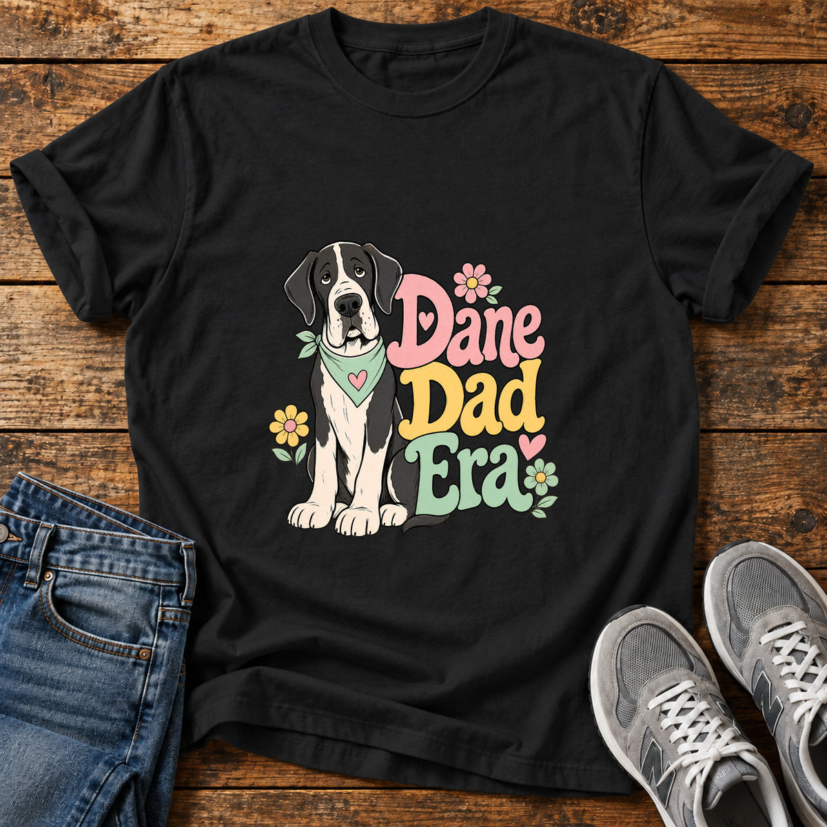 Dane Dad Era Great Dane graphic T-shirt in Black, shown on a flat-lay shirt mockup