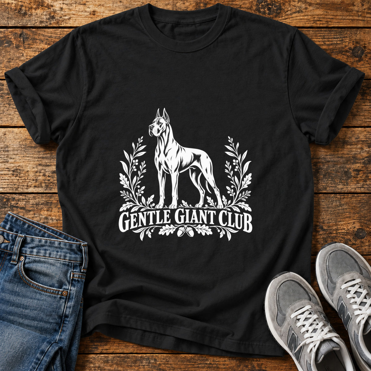 Gentle Giant Great Dane graphic T-shirt in Black, shown on a flat-lay shirt mockup