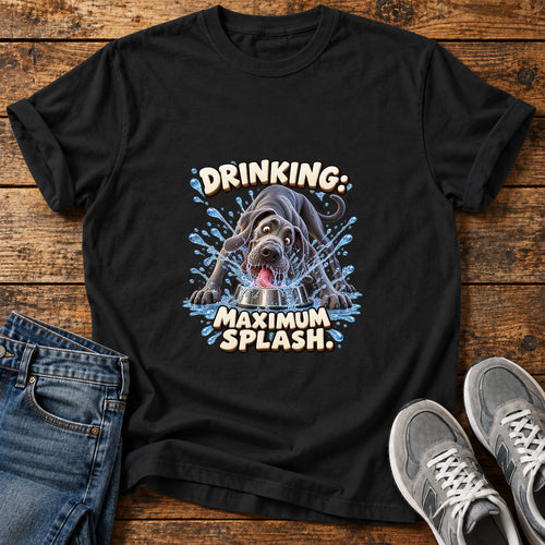 Drinking Splash Great Dane graphic T-shirt in Black, shown on a flat-lay shirt mockup