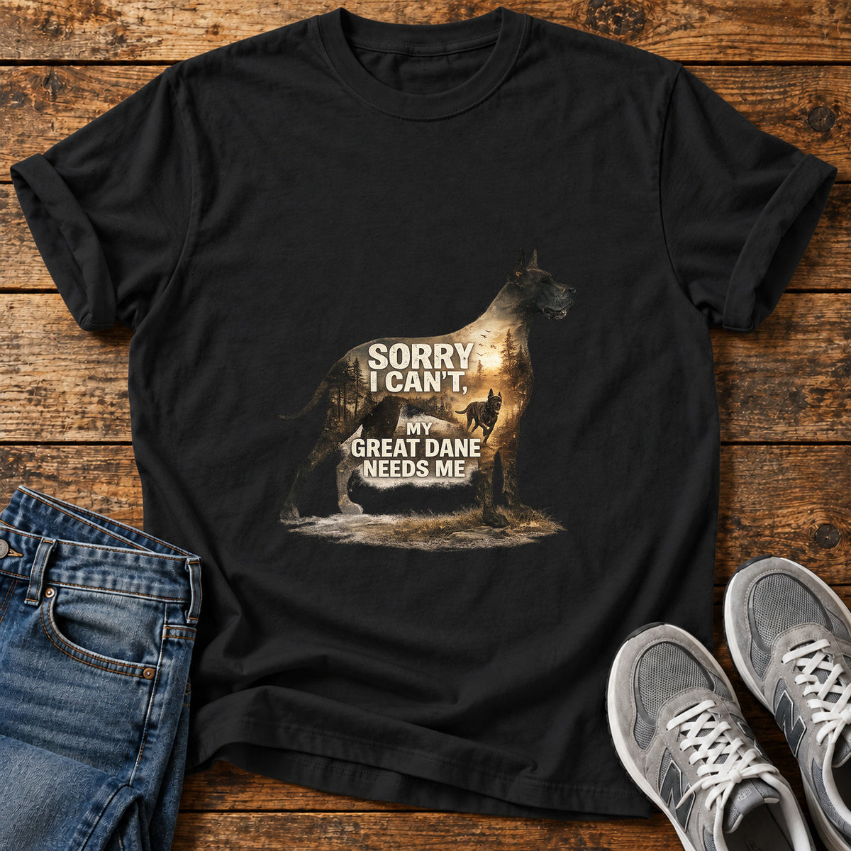 Great Dane Love graphic T-shirt in Black, shown on a flat-lay shirt mockup
