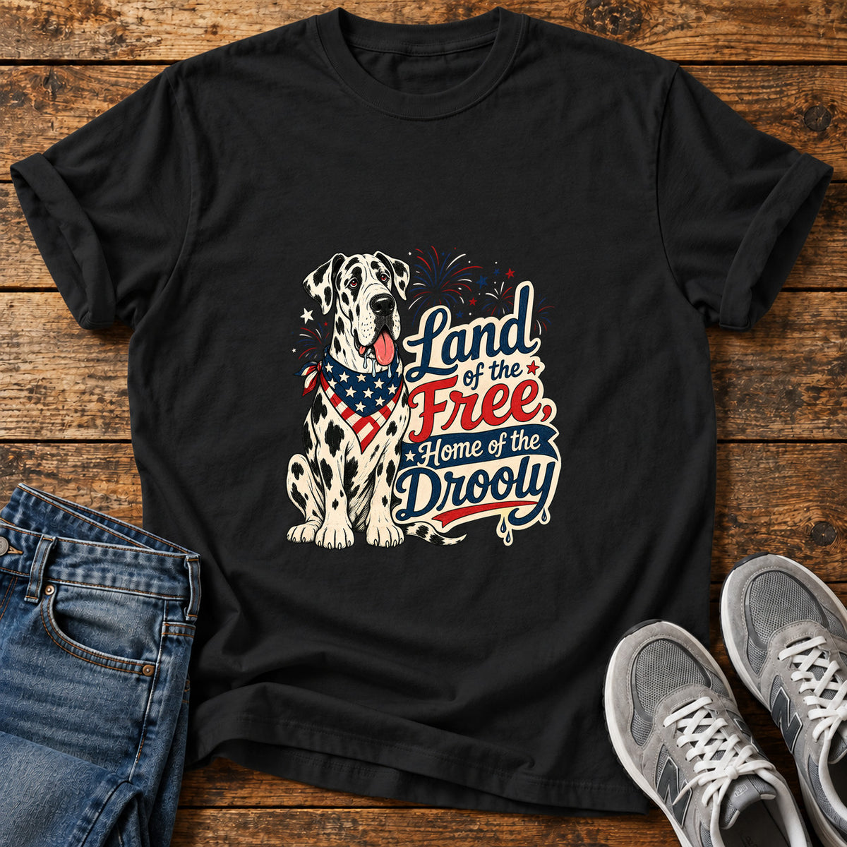 Land of Drooly Great Dane graphic T-shirt in Black, shown on a flat-lay shirt mockup