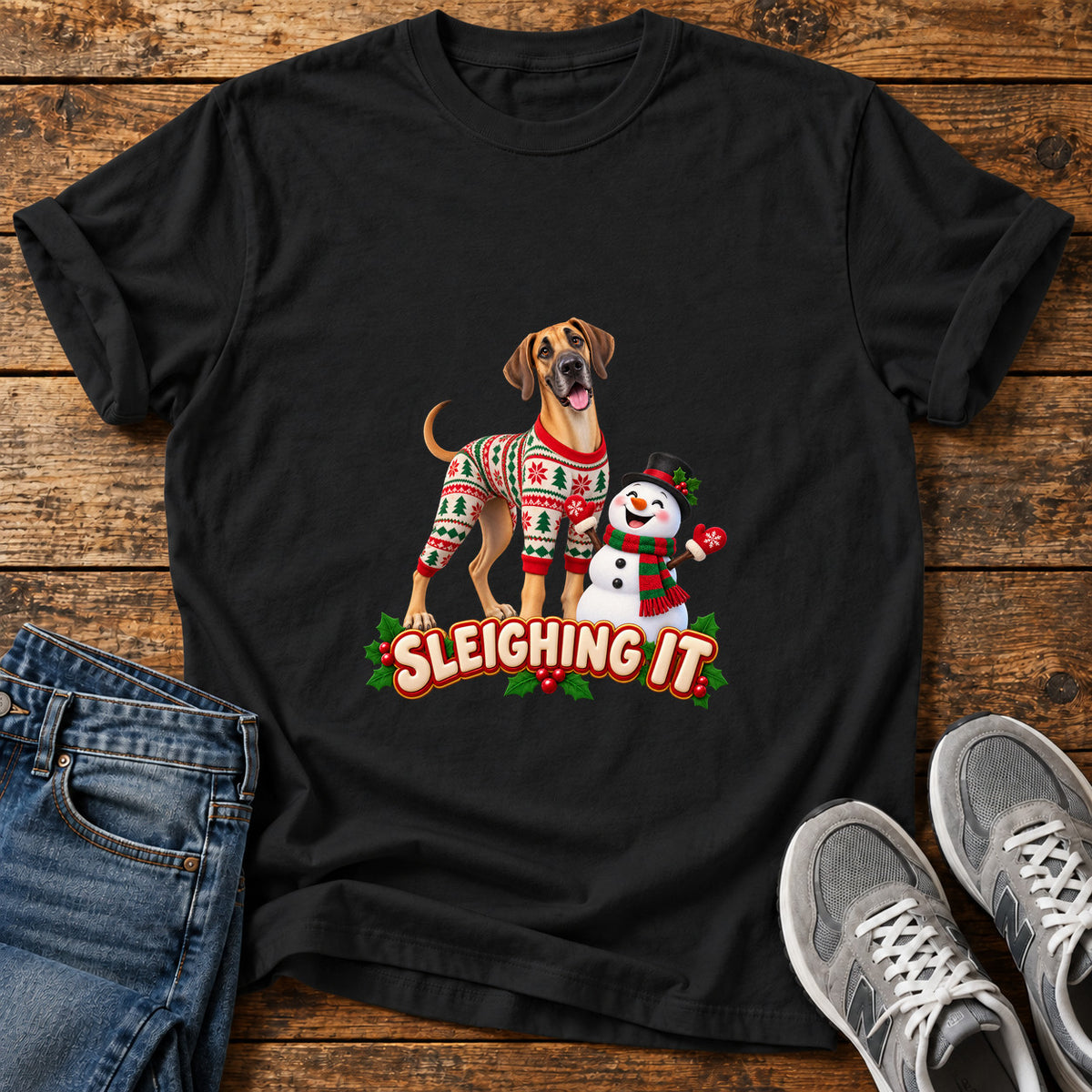 Sleighing It Great Dane graphic T-shirt in Black, shown on a flat-lay shirt mockup