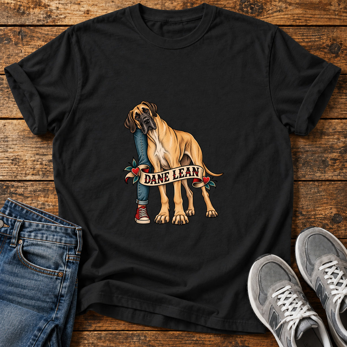 Dane Lean Great Dane graphic T-shirt in Black, shown on a flat-lay shirt mockup