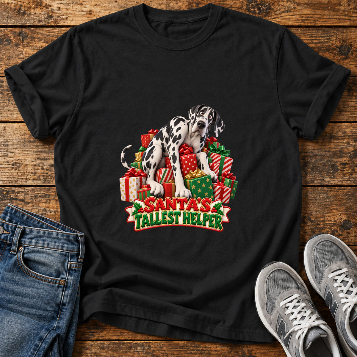 Santa's Tallest Helper Great Dane graphic T-shirt in Black, shown on a flat-lay shirt mockup