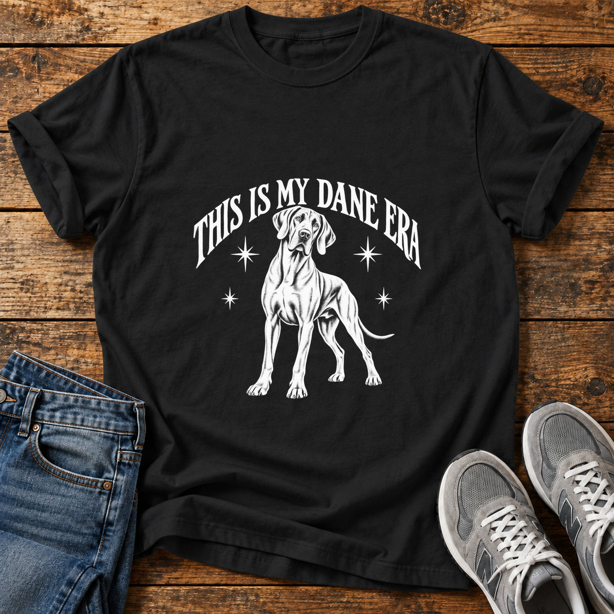 Dane Era Great Dane graphic T-shirt in Black, shown on a flat-lay shirt mockup