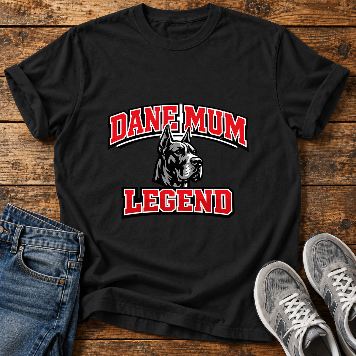 Dane Mum Legend Great Dane graphic T-shirt in Black, shown on a flat-lay shirt mockup
