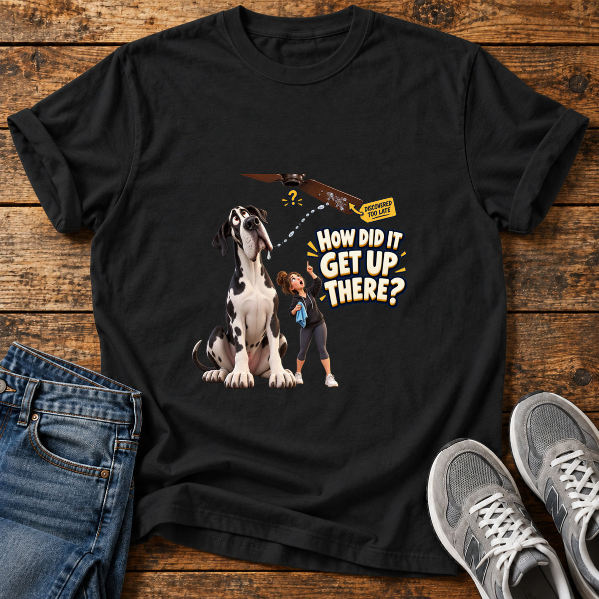 How Did It Great Dane graphic T-shirt in Black, shown on a flat-lay shirt mockup