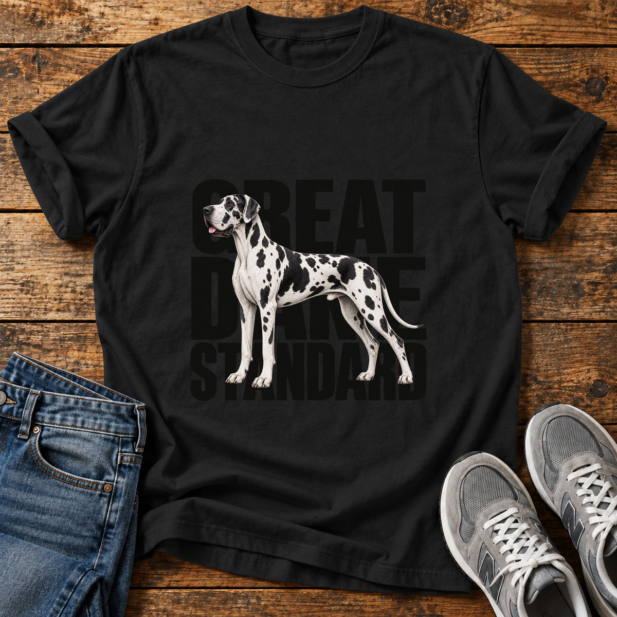 Great Dane Standard graphic T-shirt in Black, shown on a flat-lay shirt mockup