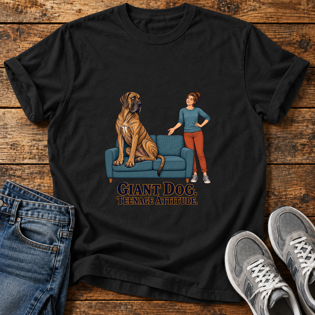 Giant Dog Attitude Great Dane graphic T-shirt in Black, shown on a flat-lay shirt mockup