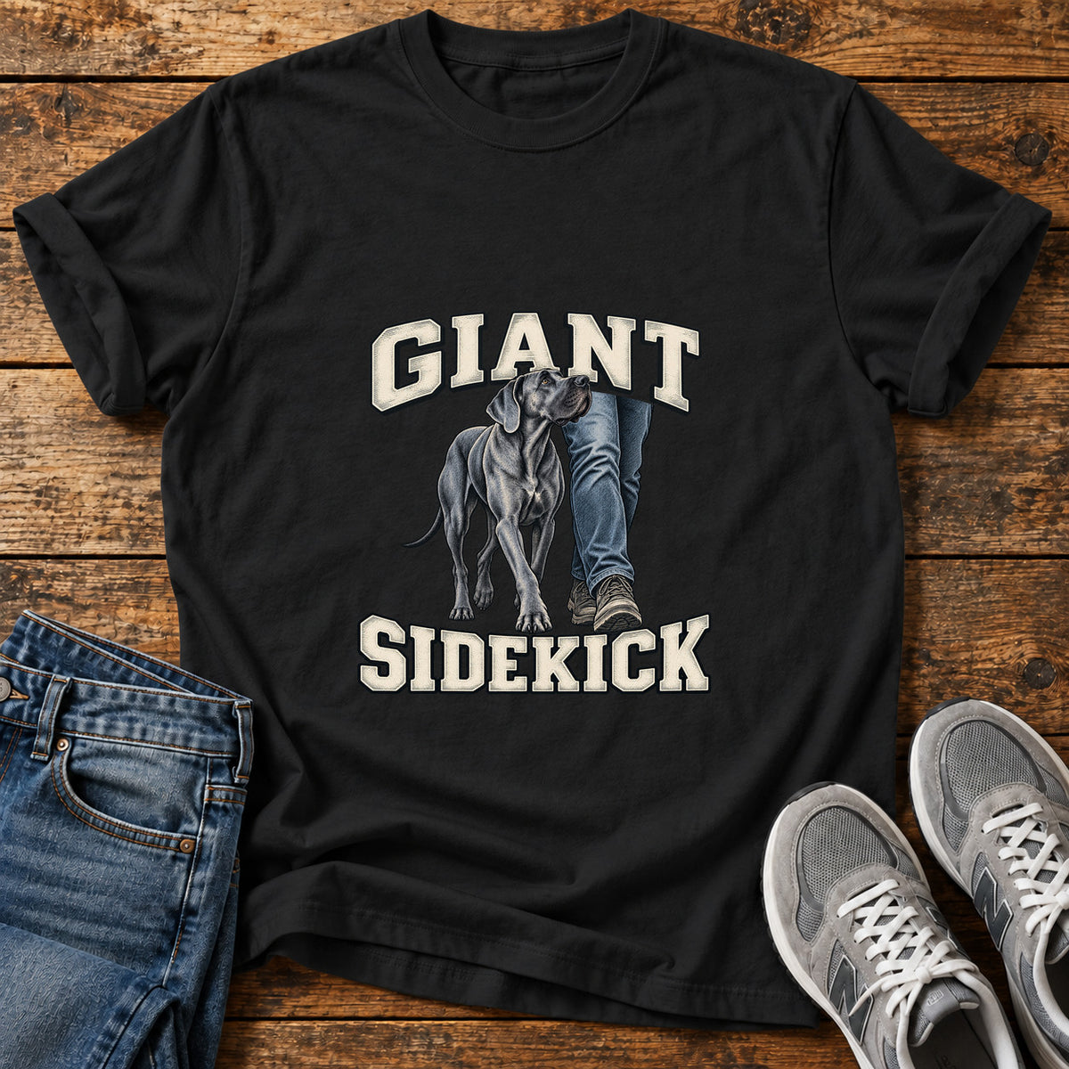 Giant Sidekick Great Dane graphic T-shirt in Black, shown on a flat-lay shirt mockup