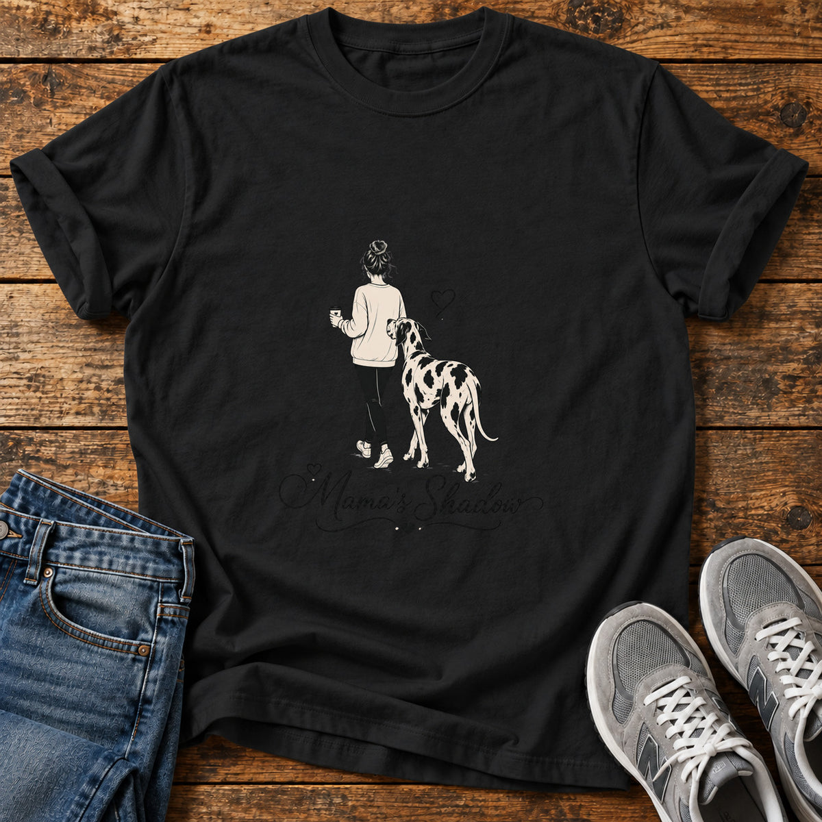 Mama's Shadow Great Dane graphic T-shirt in Black, shown on a flat-lay shirt mockup