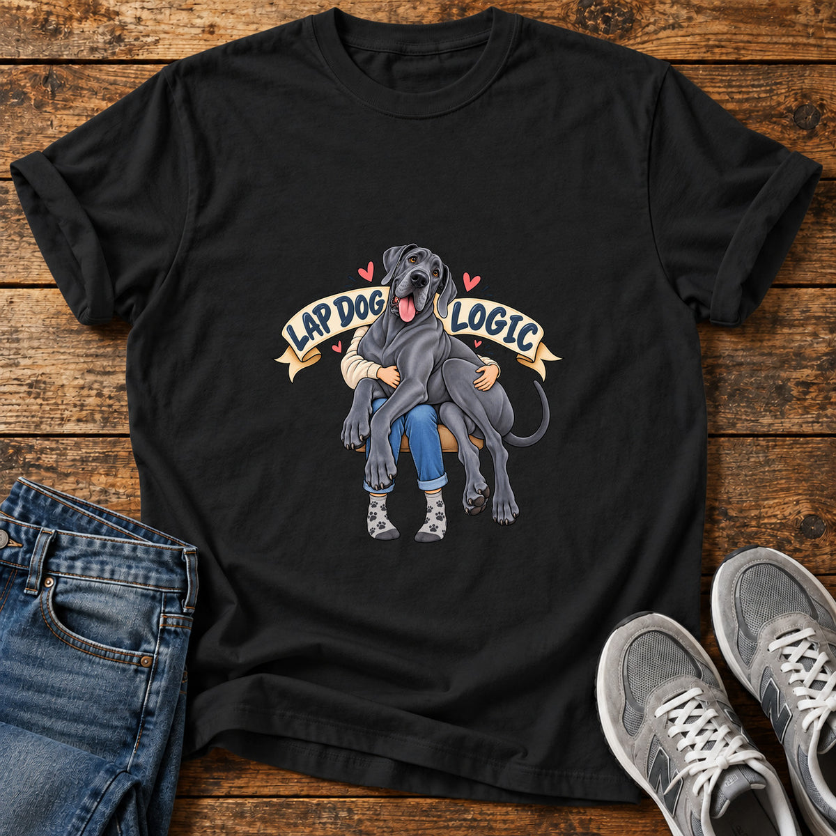 Lap Dog Logic Great Dane graphic T-shirt in Black, shown on a flat-lay shirt mockup