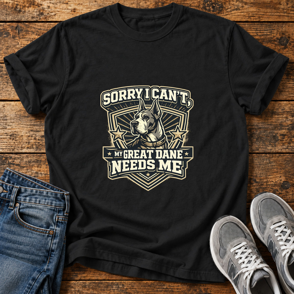 Sorry Great Dane graphic T-shirt in Black, shown on a flat-lay shirt mockup