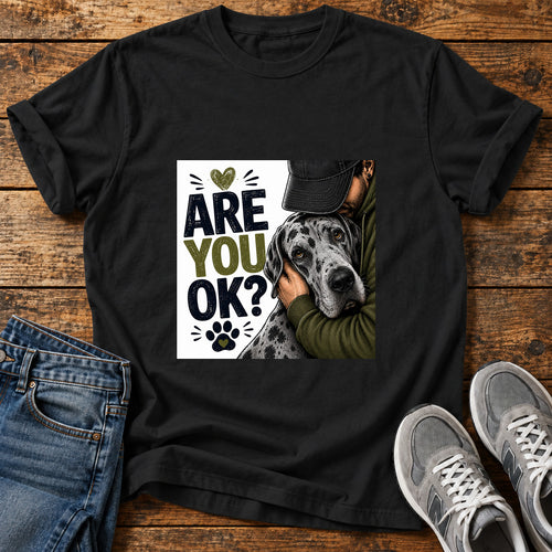 Are You OK Great Dane graphic T-shirt in Black, shown on a flat-lay shirt mockup