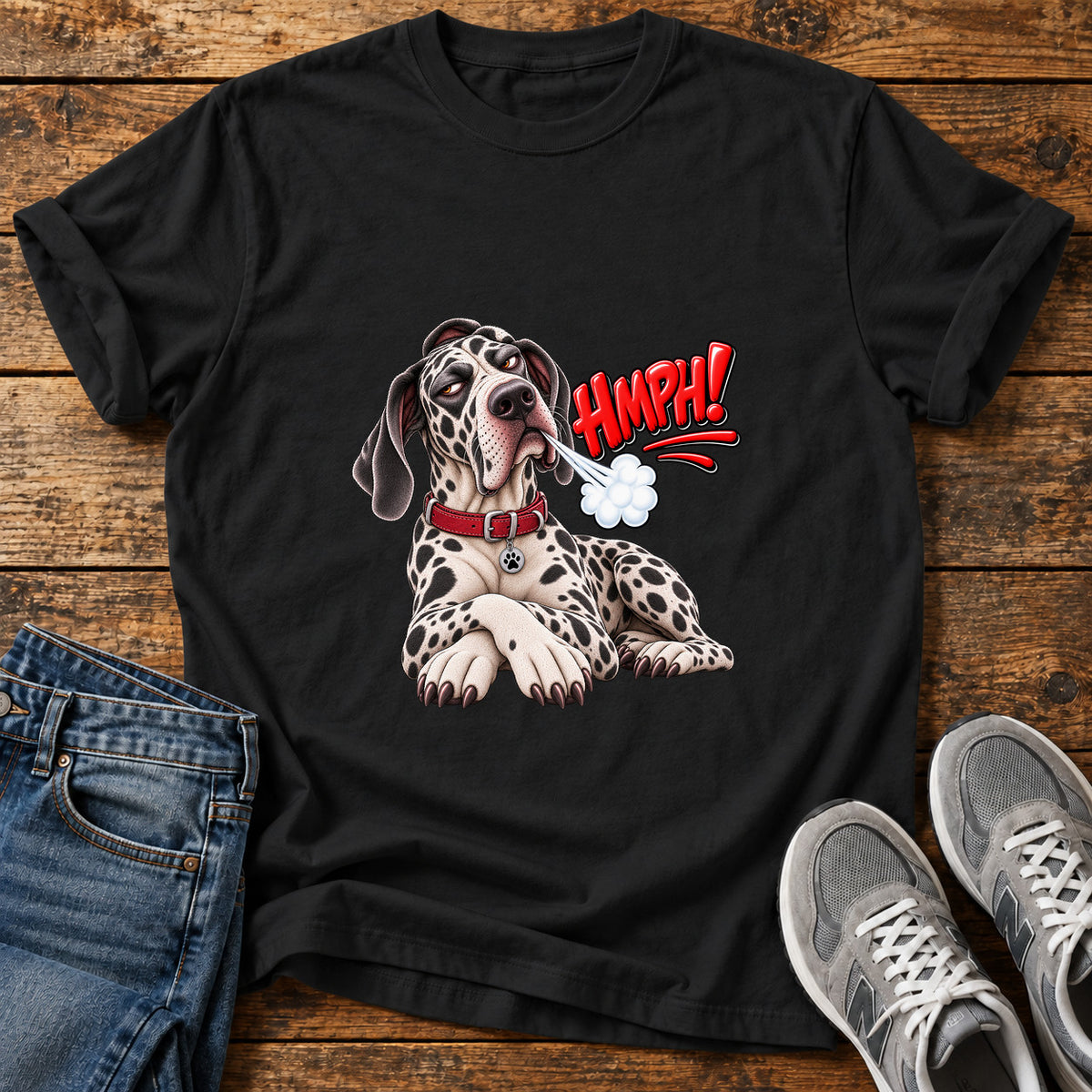 Hmph Pooch Great Dane graphic T-shirt in Black, shown on a flat-lay shirt mockup