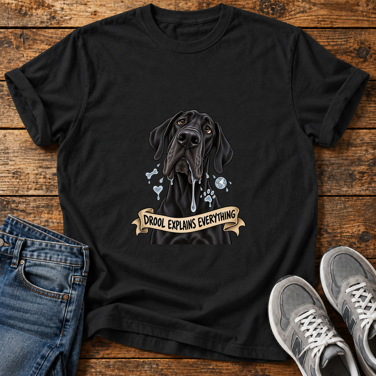 Drool Explains Everything Great Dane graphic T-shirt in Black, shown on a flat-lay shirt mockup