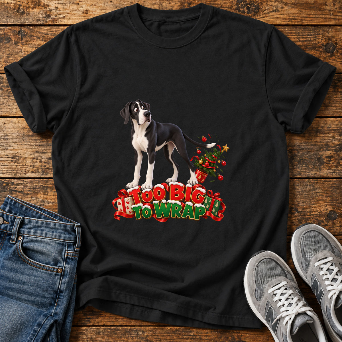 Too Big Wrap Great Dane graphic T-shirt in Black, shown on a flat-lay shirt mockup