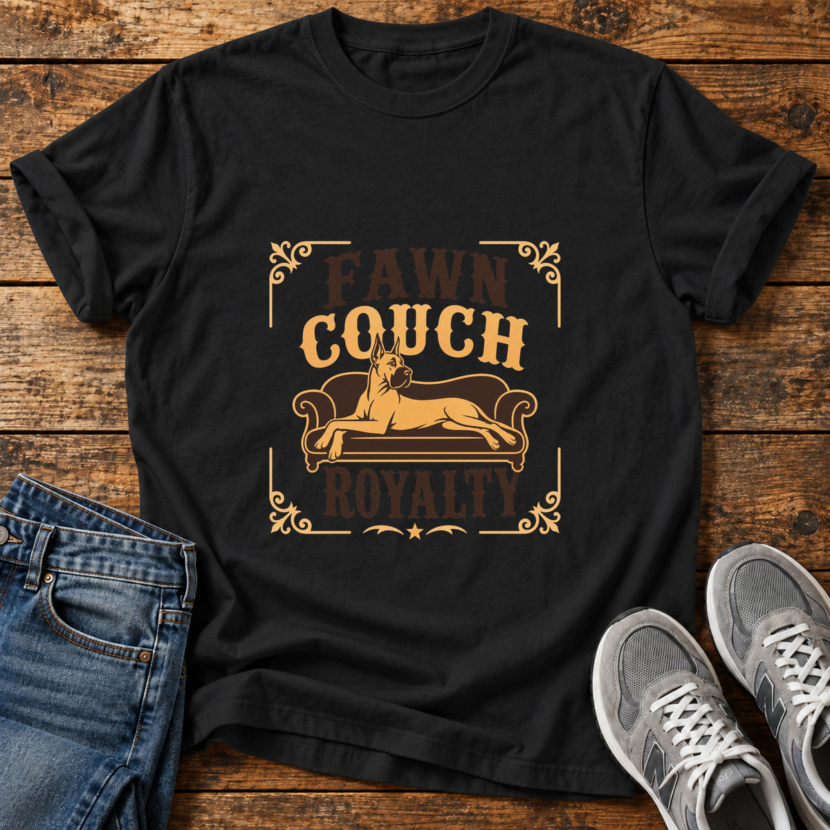 Fawn Couch Royalty Great Dane graphic T-shirt in Black, shown on a flat-lay shirt mockup