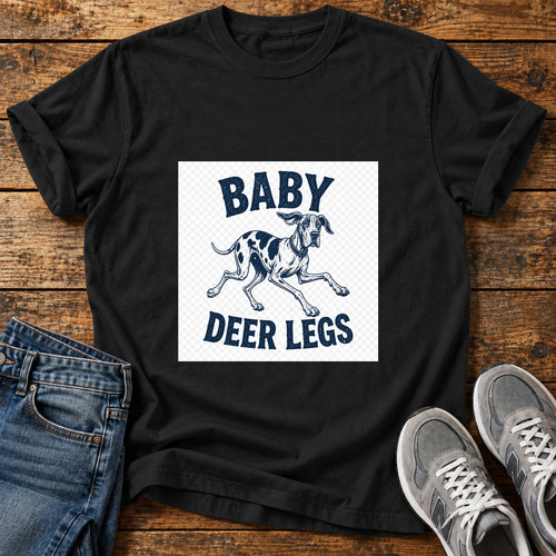 Baby Deer Legs Great Dane graphic T-shirt in Black, shown on a flat-lay shirt mockup