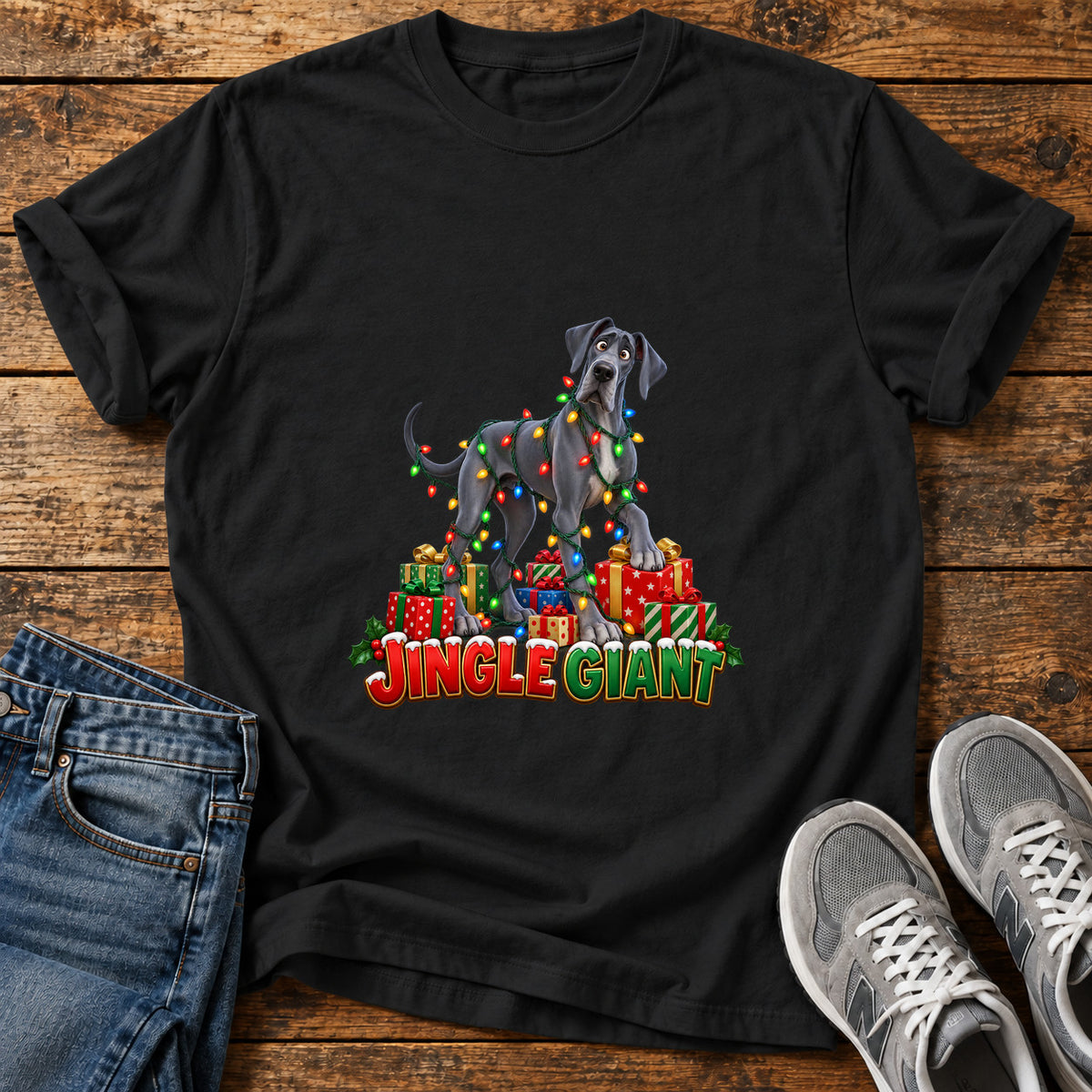 Jingle Giant Great Dane graphic T-shirt in Black, shown on a flat-lay shirt mockup