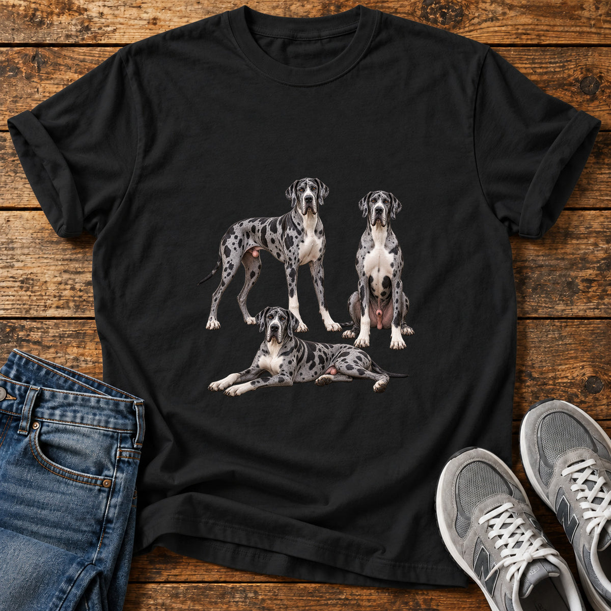 Great Dane Trio graphic T-shirt in Black, shown on a flat-lay shirt mockup