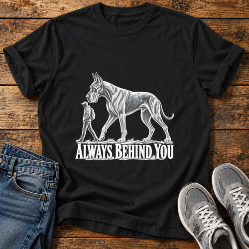 Always Behind You Great Dane graphic T-shirt in Black, shown on a flat-lay shirt mockup