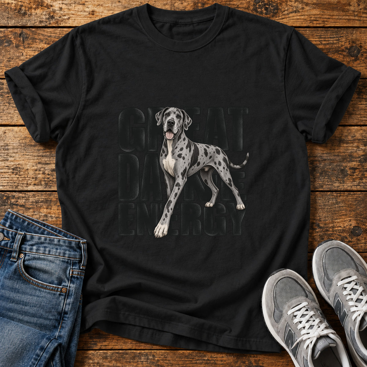 Great Dane Energy graphic T-shirt in Black, shown on a flat-lay shirt mockup