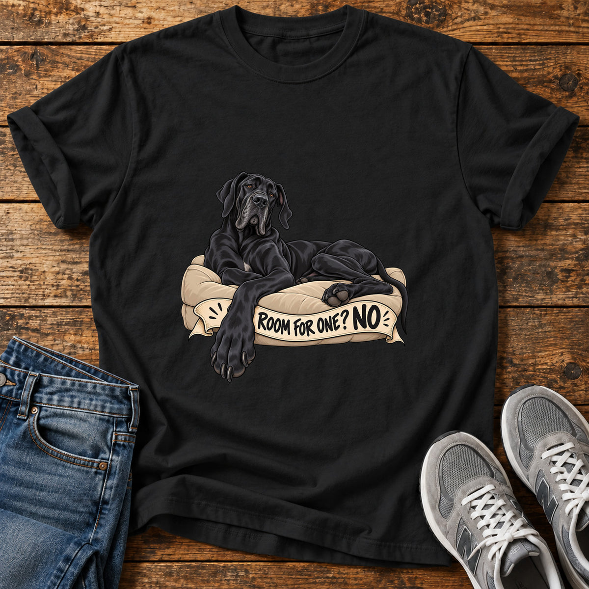Room For One Great Dane graphic T-shirt in Black, shown on a flat-lay shirt mockup