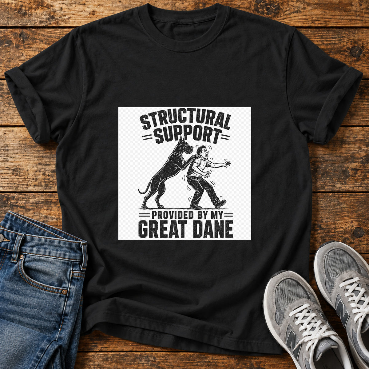 Structural Support Great Dane graphic T-shirt in Black, shown on a flat-lay shirt mockup