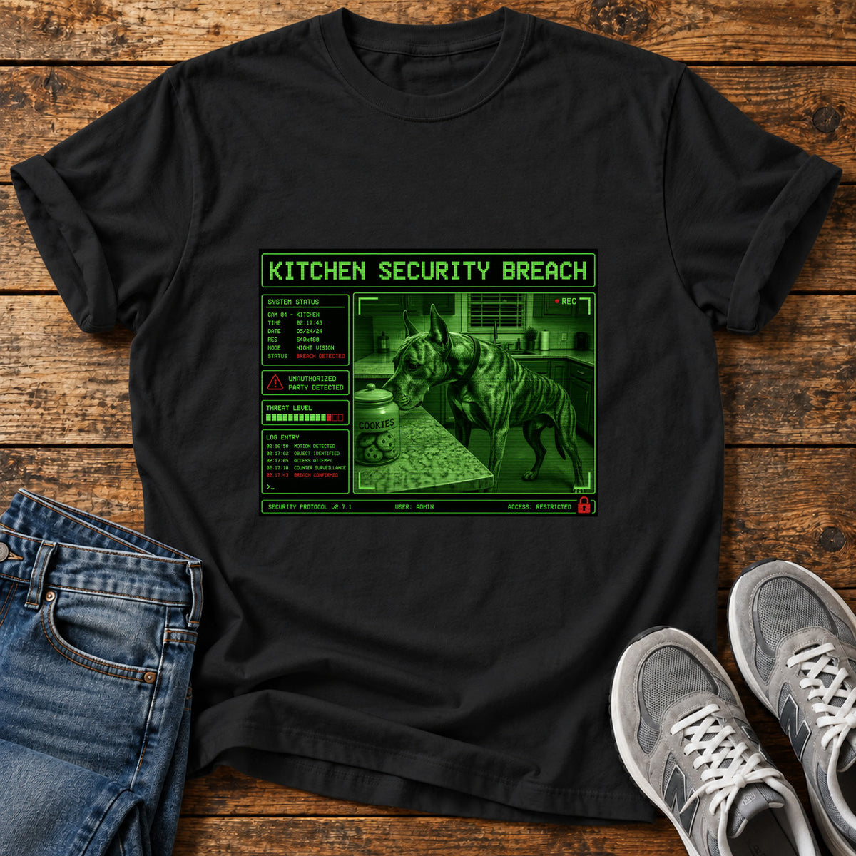 Kitchen Security Breach Great Dane graphic T-shirt in Black, shown on a flat-lay shirt mockup