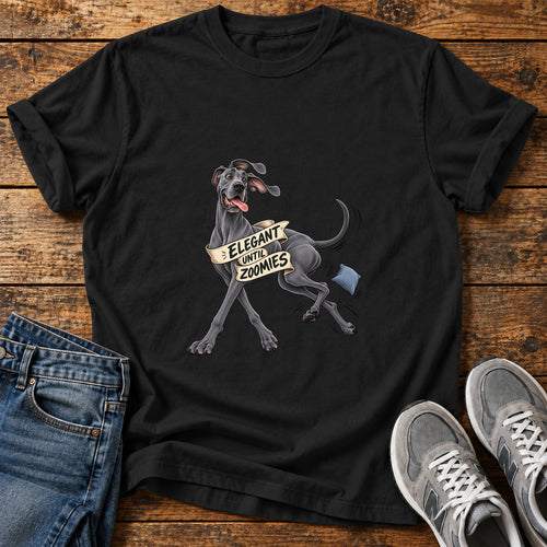 Elegant Zoomies Great Dane graphic T-shirt in Black, shown on a flat-lay shirt mockup