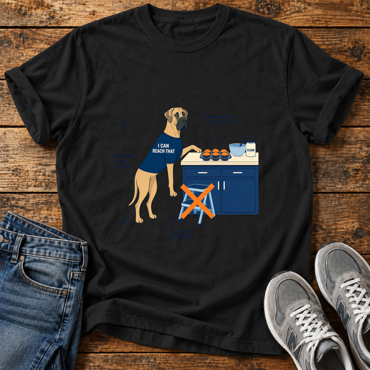 I Can Reach Great Dane graphic T-shirt in Black, shown on a flat-lay shirt mockup
