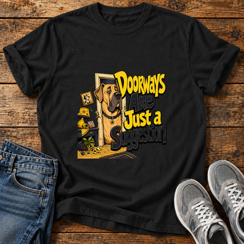 Doorway Suggestion Great Dane graphic T-shirt in Black, shown on a flat-lay shirt mockup
